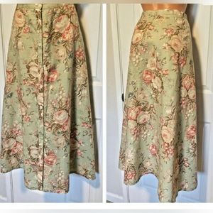 VTG 90'S CHAPS RALPH LAUREN ROMANTIC GREEN FLORAL LINEN BLEND SKIRT Size 6
